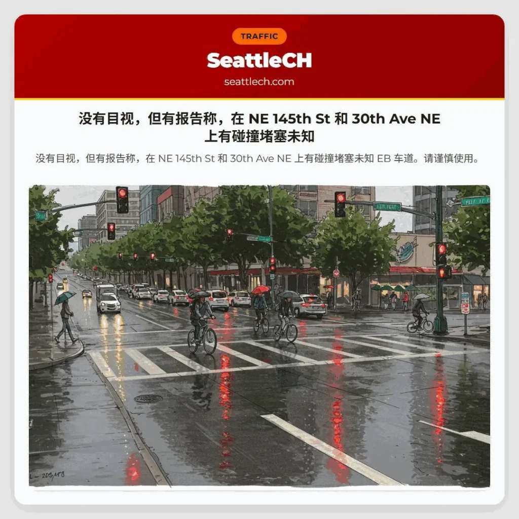 没有目视，但有报告称，在 NE 145th St 和 30th Ave NE 上有碰撞堵塞未知