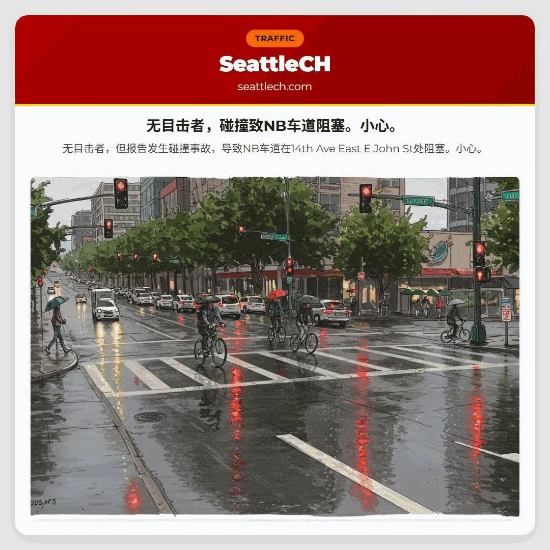 无目击者，碰撞致NB车道阻塞。小心。