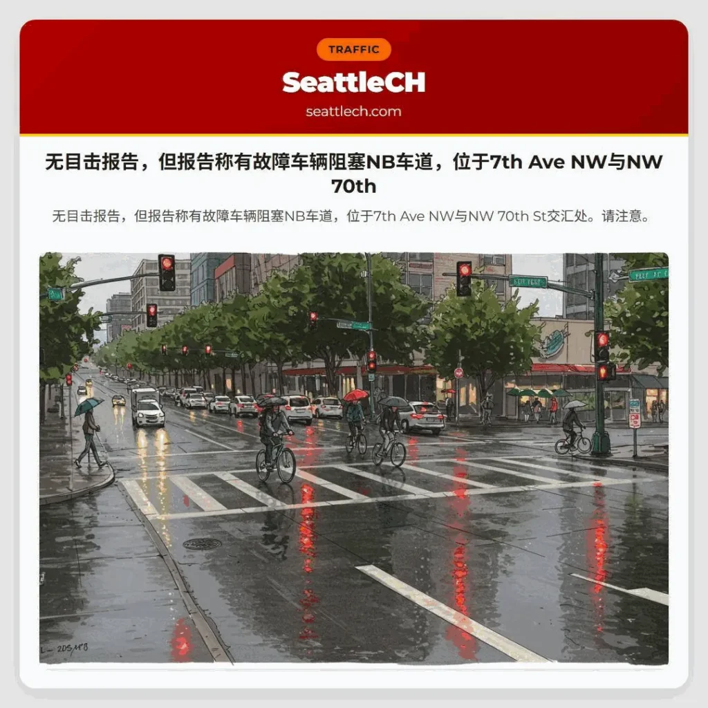 无目击报告,但报告称有故障车辆阻塞NB车道,位于7th Ave NW与NW 70th
