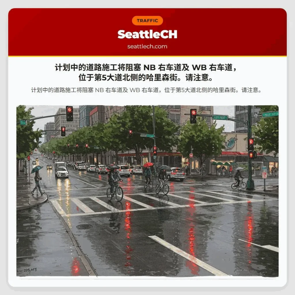 计划中的道路施工将阻塞 NB 右车道及 WB 右车道,位于第5大道北侧的哈里森街。请注意。