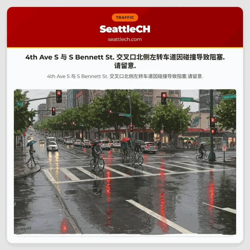 4th Ave S 与 S Bennett St. 交叉口北侧左转车道因碰撞导致阻塞.请留意.