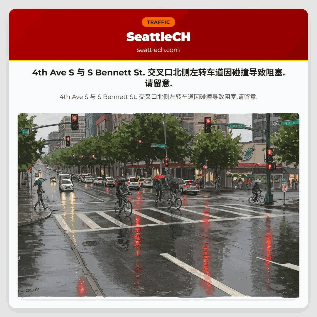 4th Ave S 与 S Bennett St. 交叉口北侧左转车道因碰撞导致阻塞.请留意.