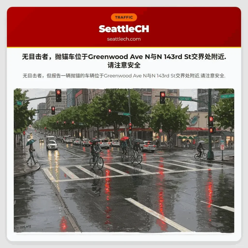 无目击者，抛锚车位于Greenwood Ave N与N 143rd St交界处附近.请注意安全