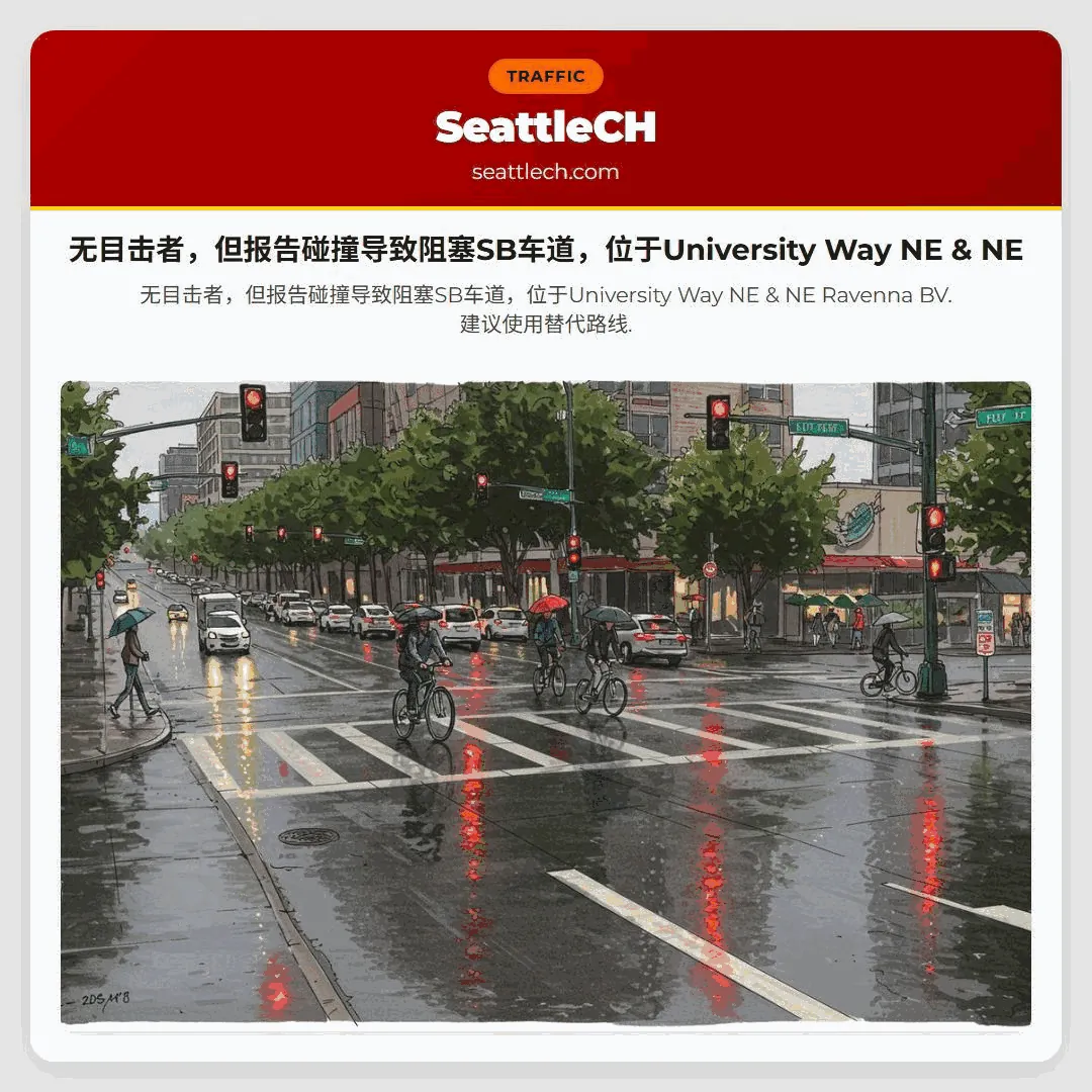 无目击者，但报告碰撞导致阻塞SB车道，位于University Way NE & NE