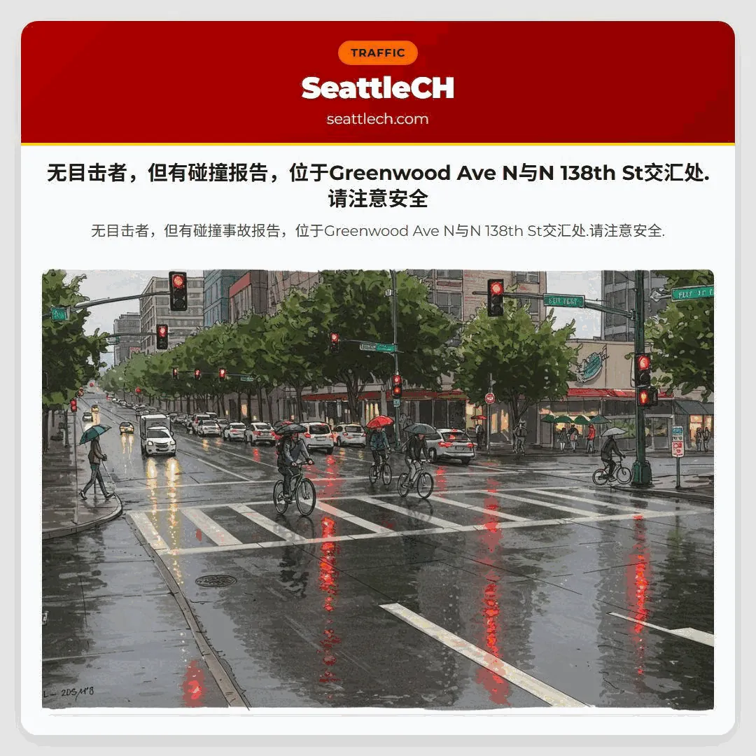 无目击者，但有碰撞报告，位于Greenwood Ave N与N 138th St交汇处.请注意安全
