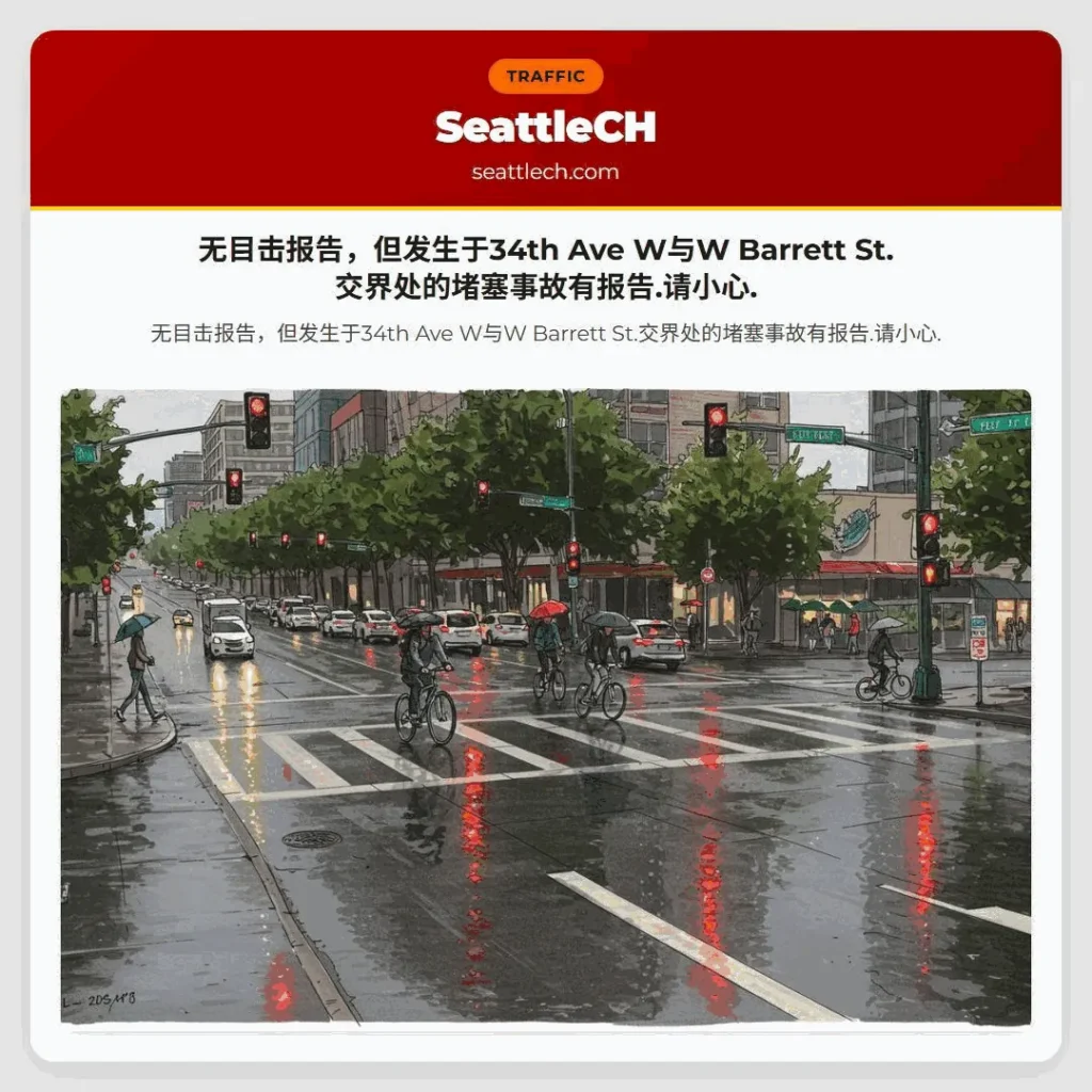 无目击报告，但发生于34th Ave W与W Barrett St.交界处的堵塞事故有报告.请小心.
