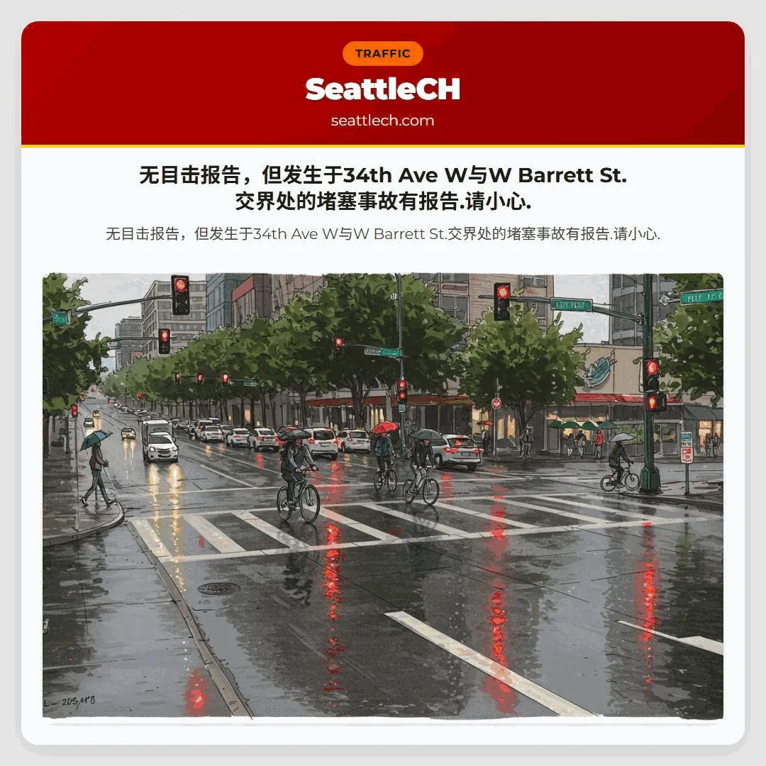 无目击报告，但发生于34th Ave W与W Barrett St.交界处的堵塞事故有报告.请小心.