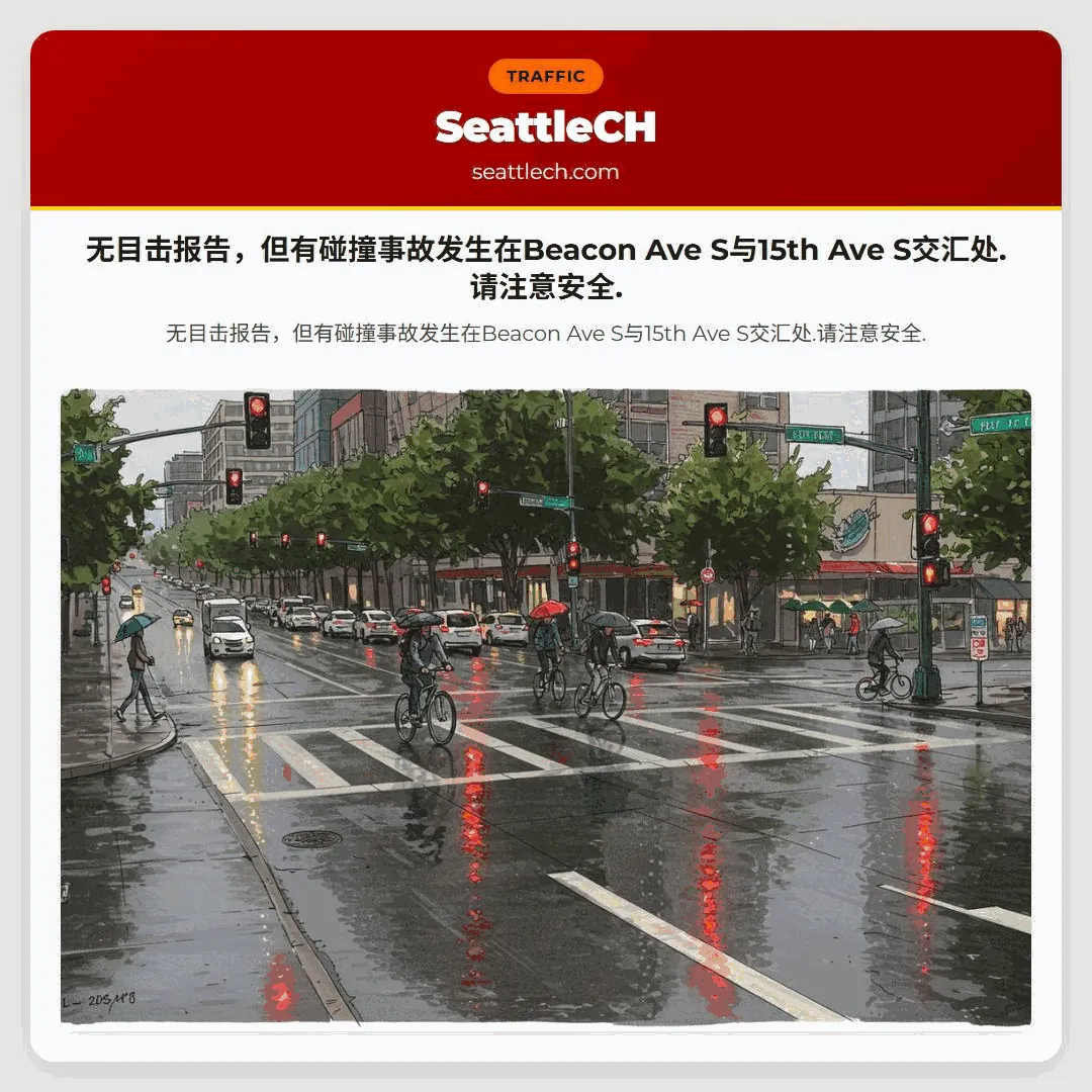 无目击报告，但有碰撞事故发生在Beacon Ave S与15th Ave S交汇处.请注意安全.
