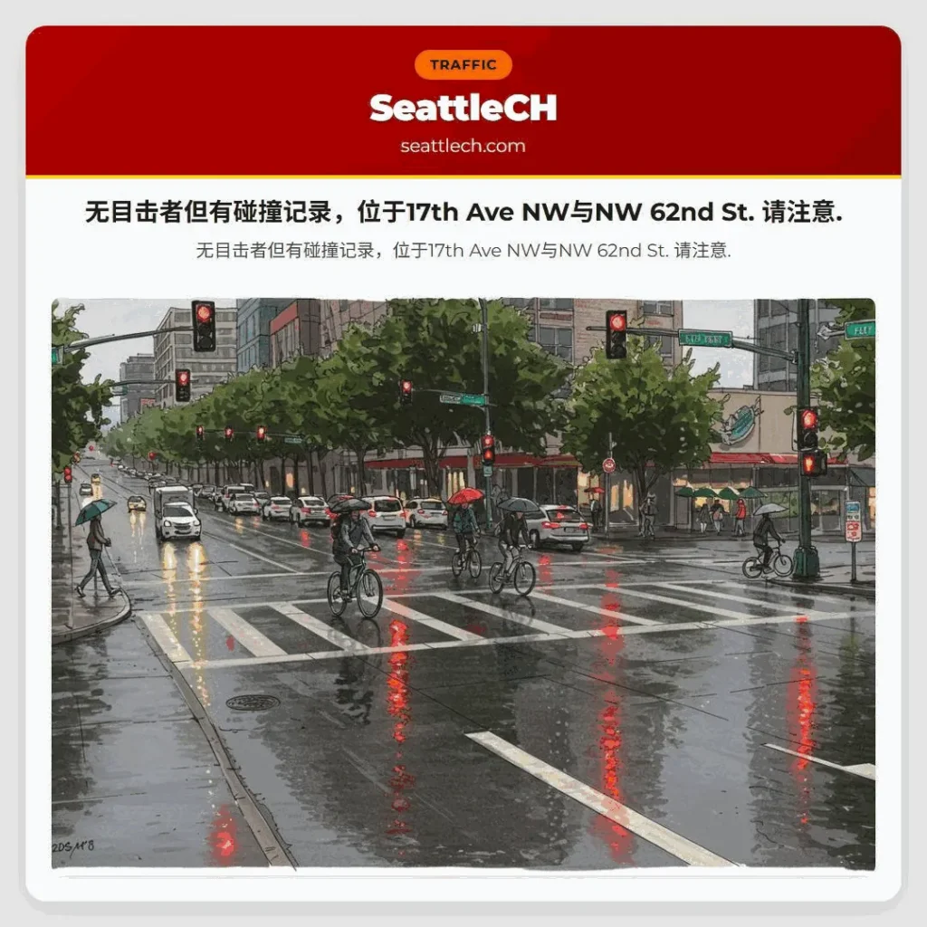 无目击者但有碰撞记录，位于17th Ave NW与NW 62nd St. 请注意.