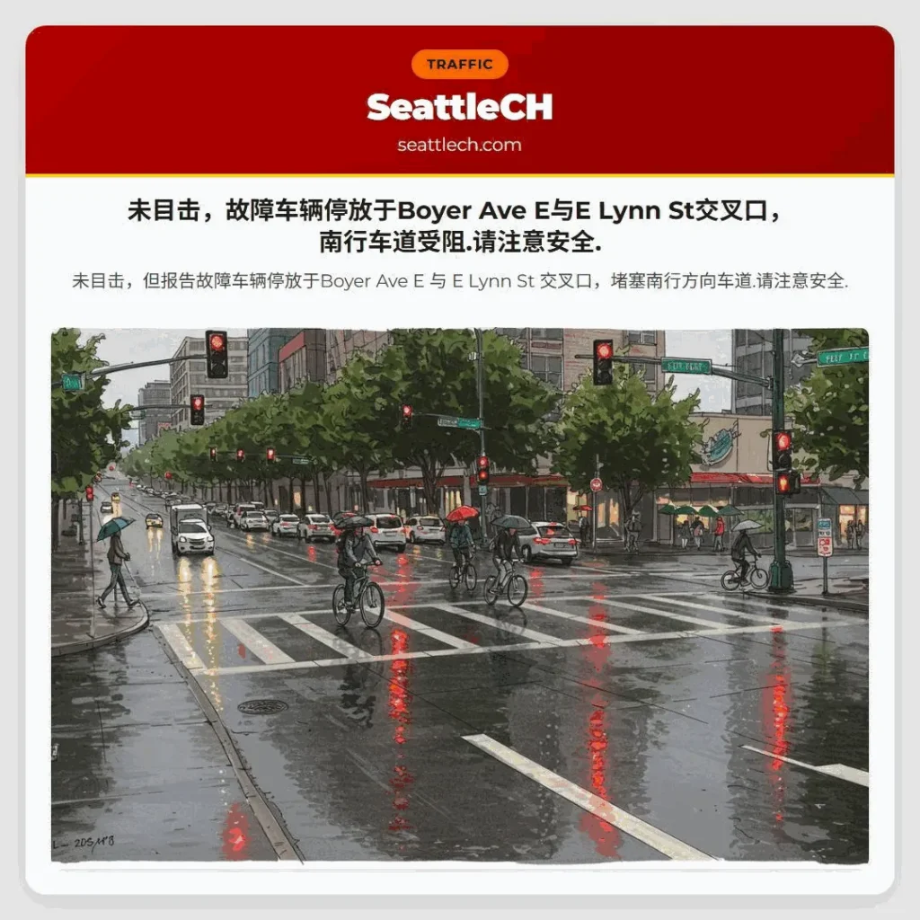 未目击，故障车辆停放于Boyer Ave E与E Lynn St交叉口，南行车道受阻.请注意安全.