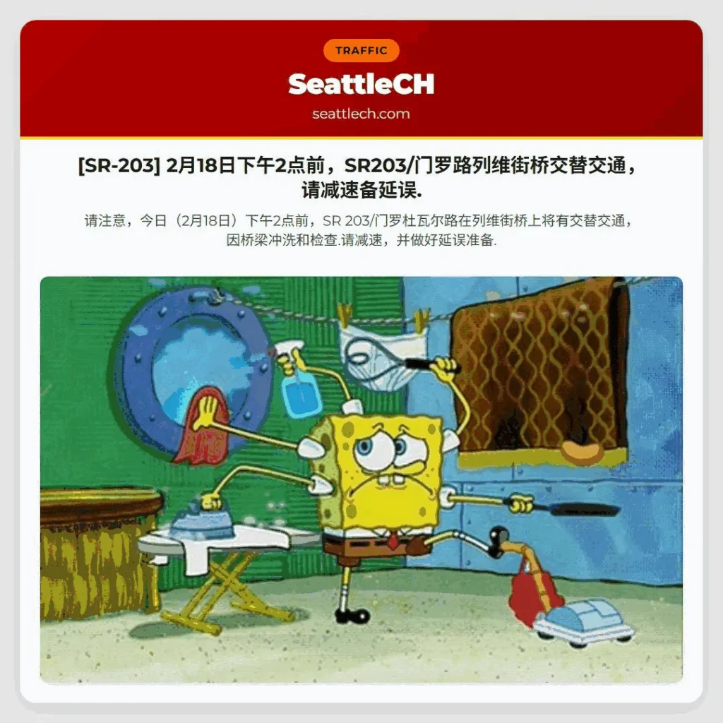 [SR-203] 2月18日下午2点前，SR203/门罗路列维街桥交替交通，请减速备延误.