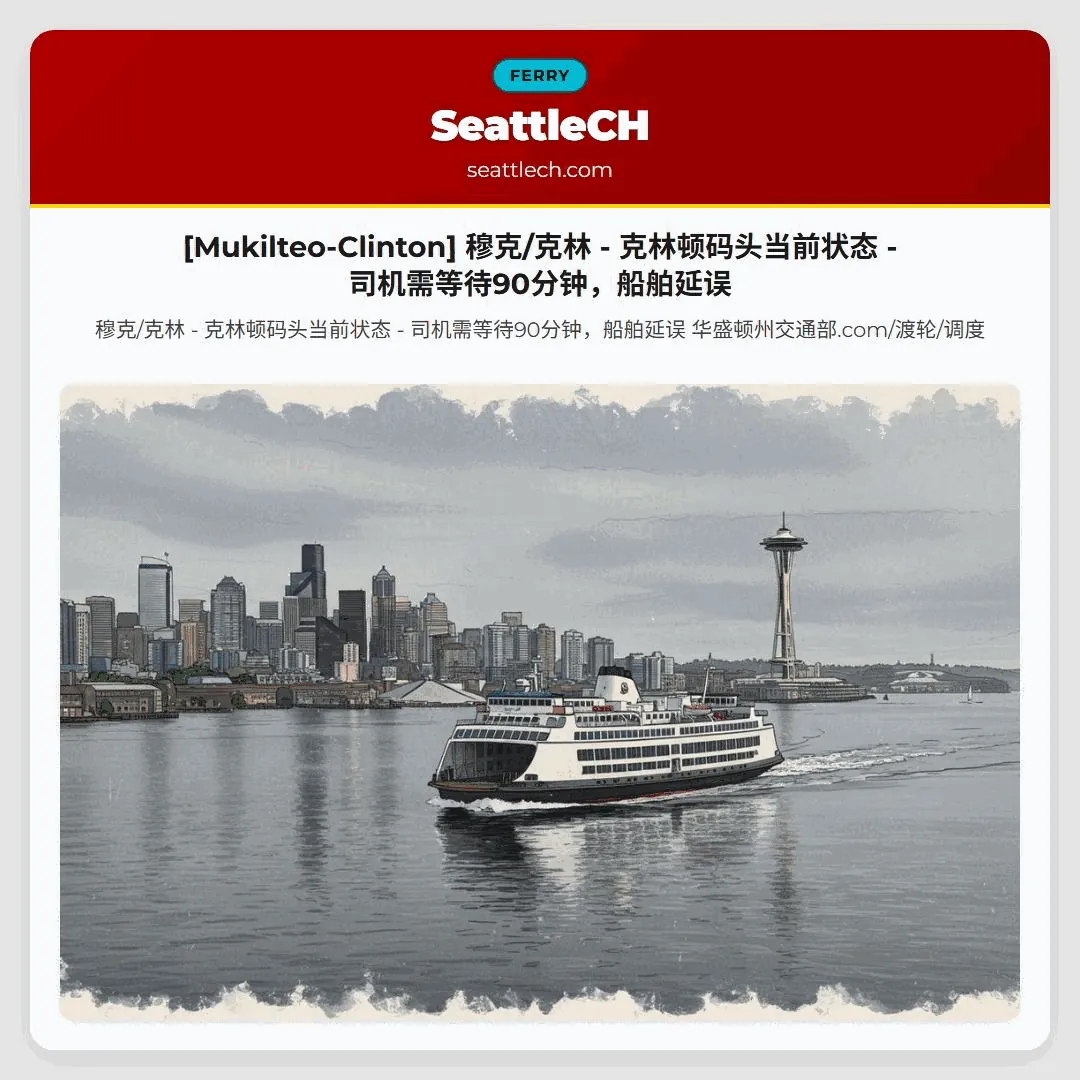 [Mukilteo-Clinton] 穆克/克林 - 克林顿码头当前状态 - 司机需等待90分钟，船舶延误