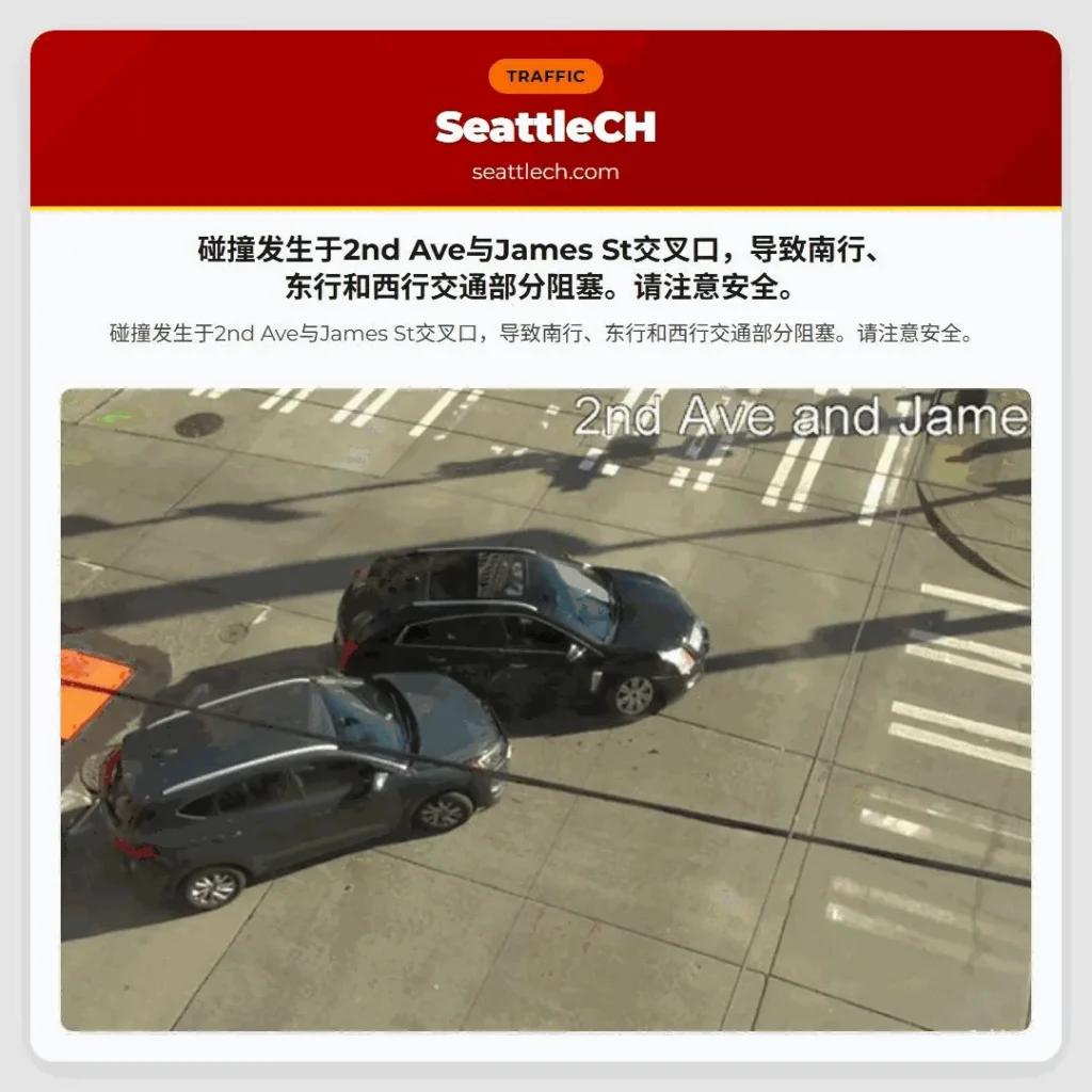 碰撞发生于2nd Ave与James St交叉口，导致南行、东行和西行交通部分阻塞。请注意安全。