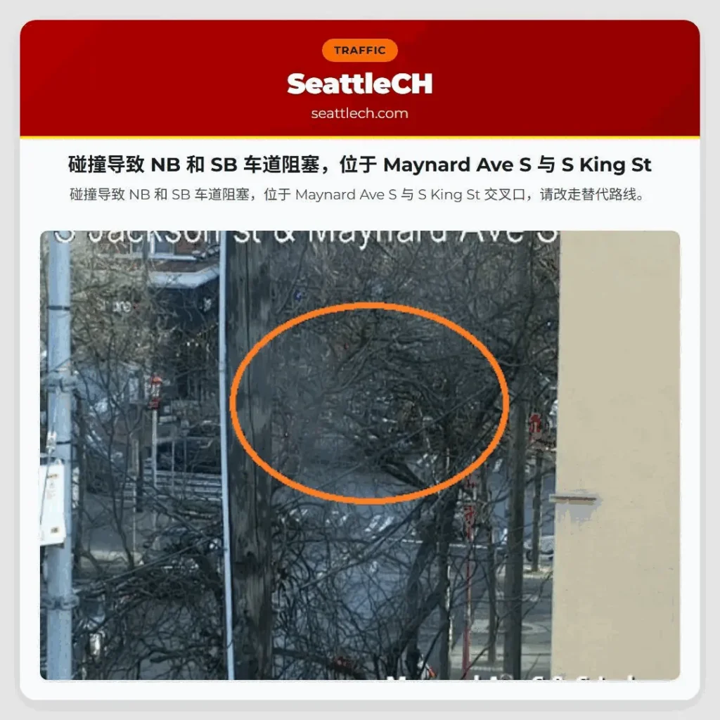 碰撞导致 NB 和 SB 车道阻塞，位于 Maynard Ave S 与 S King St
