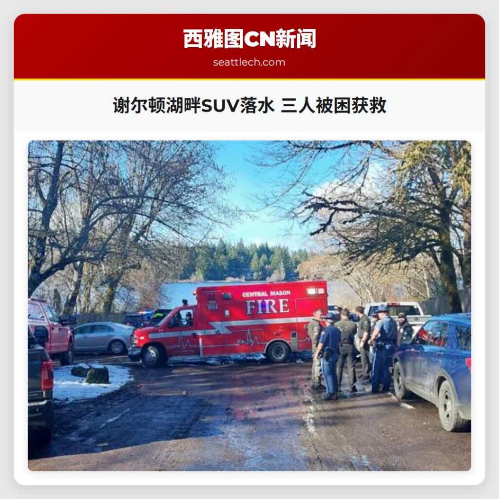 谢尔顿湖畔SUV落水 三人被困获救