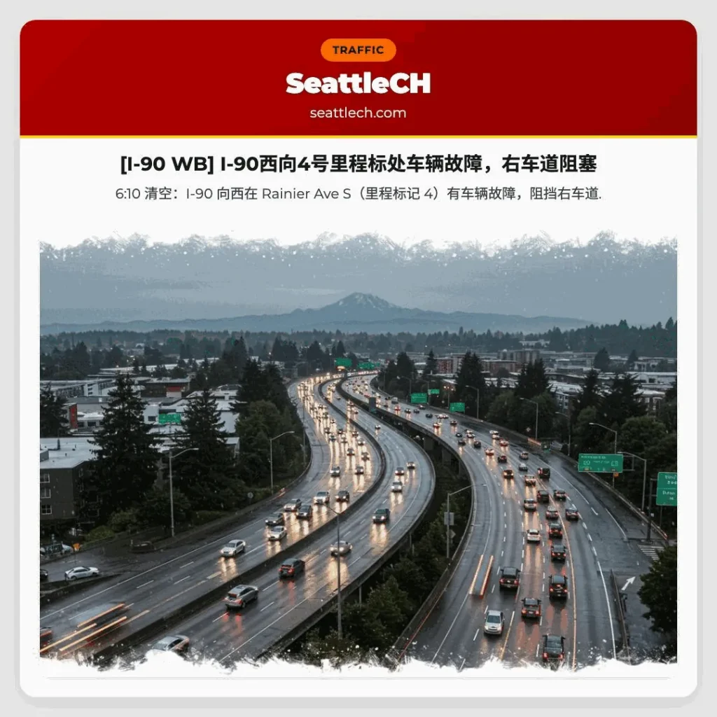 [I-90 WB] I-90西向4号里程标处车辆故障，右车道阻塞