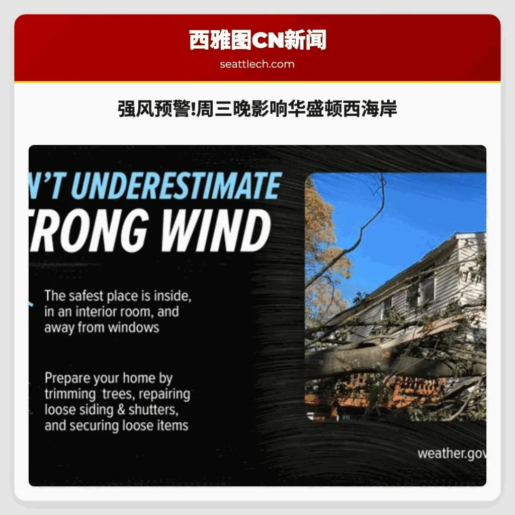 强风预警!周三晚影响华盛顿西海岸
