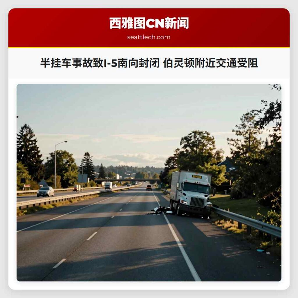 半挂车事故致I-5南向封闭 伯灵顿附近交通受阻
