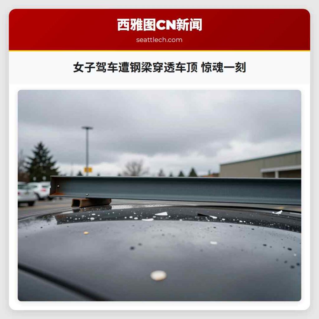 女子驾车遭钢梁穿透车顶 惊魂一刻