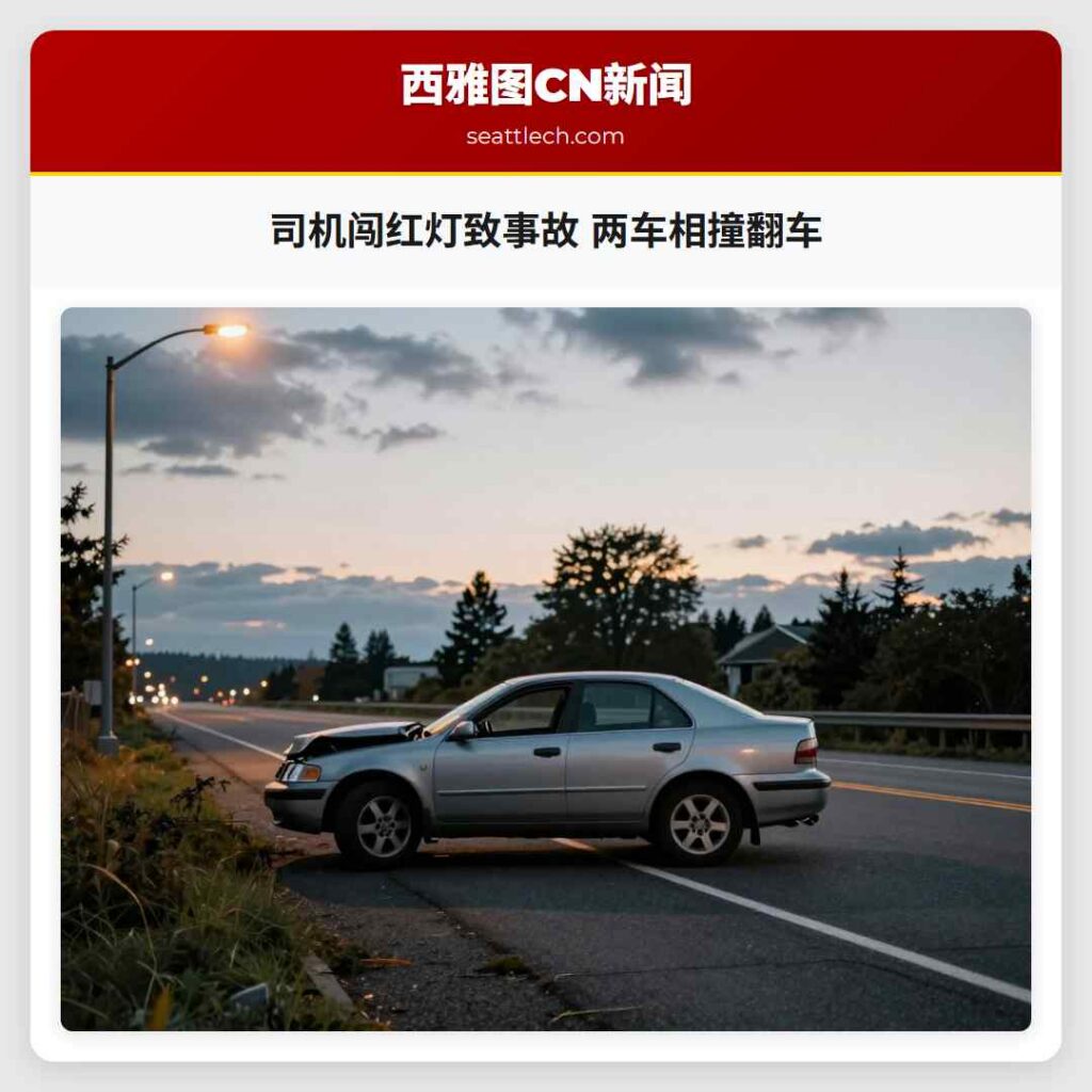 司机闯红灯致事故 两车相撞翻车